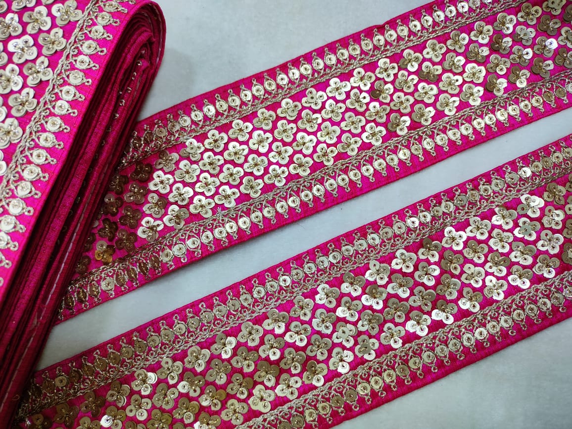 Pink & Golden Sequins Lace Border