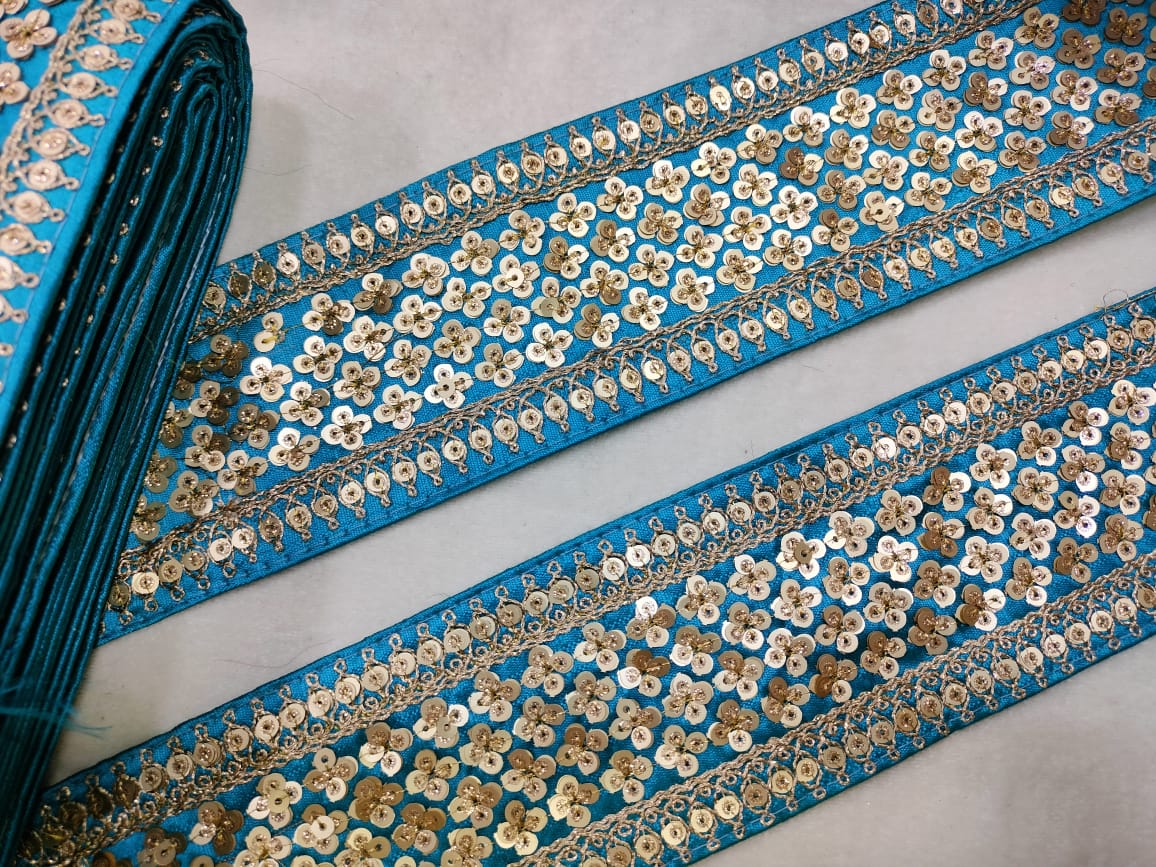 Sky Blue & Golden Sequins Lace Border