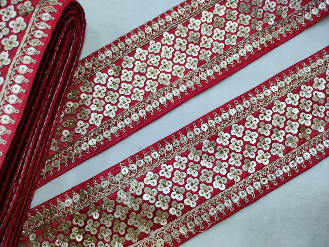 Red & Golden Sequins Lace Border