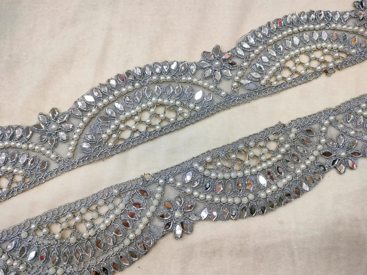 Silver Mirror Work Scalloped Embroidered Border