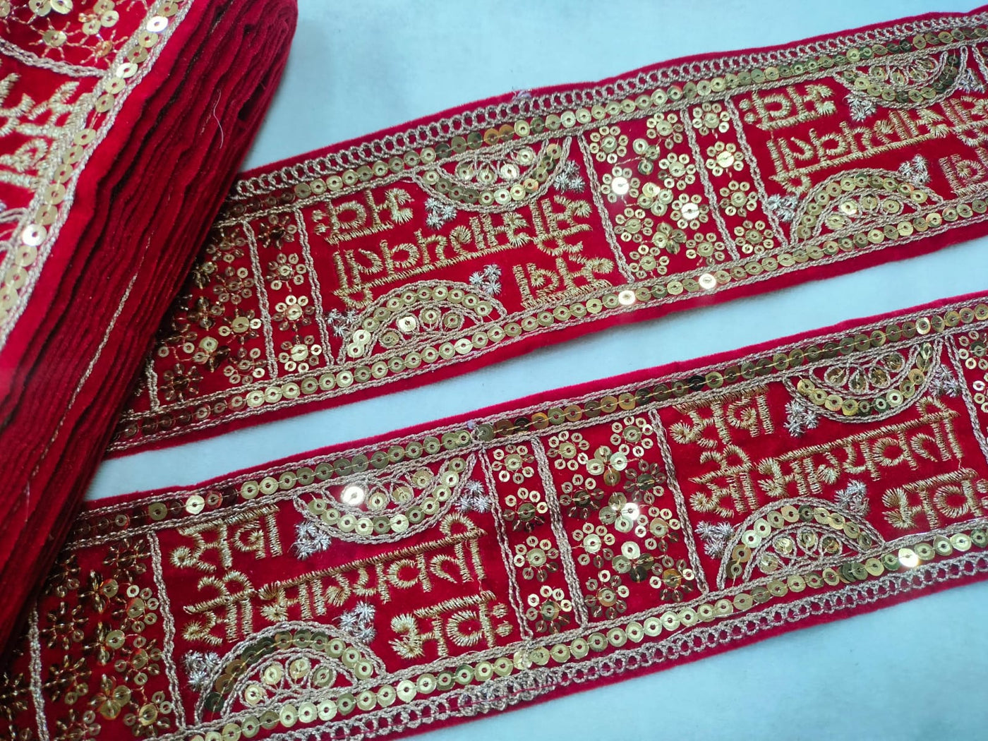 Red & Golden Zari & Sequins Embroidered Border