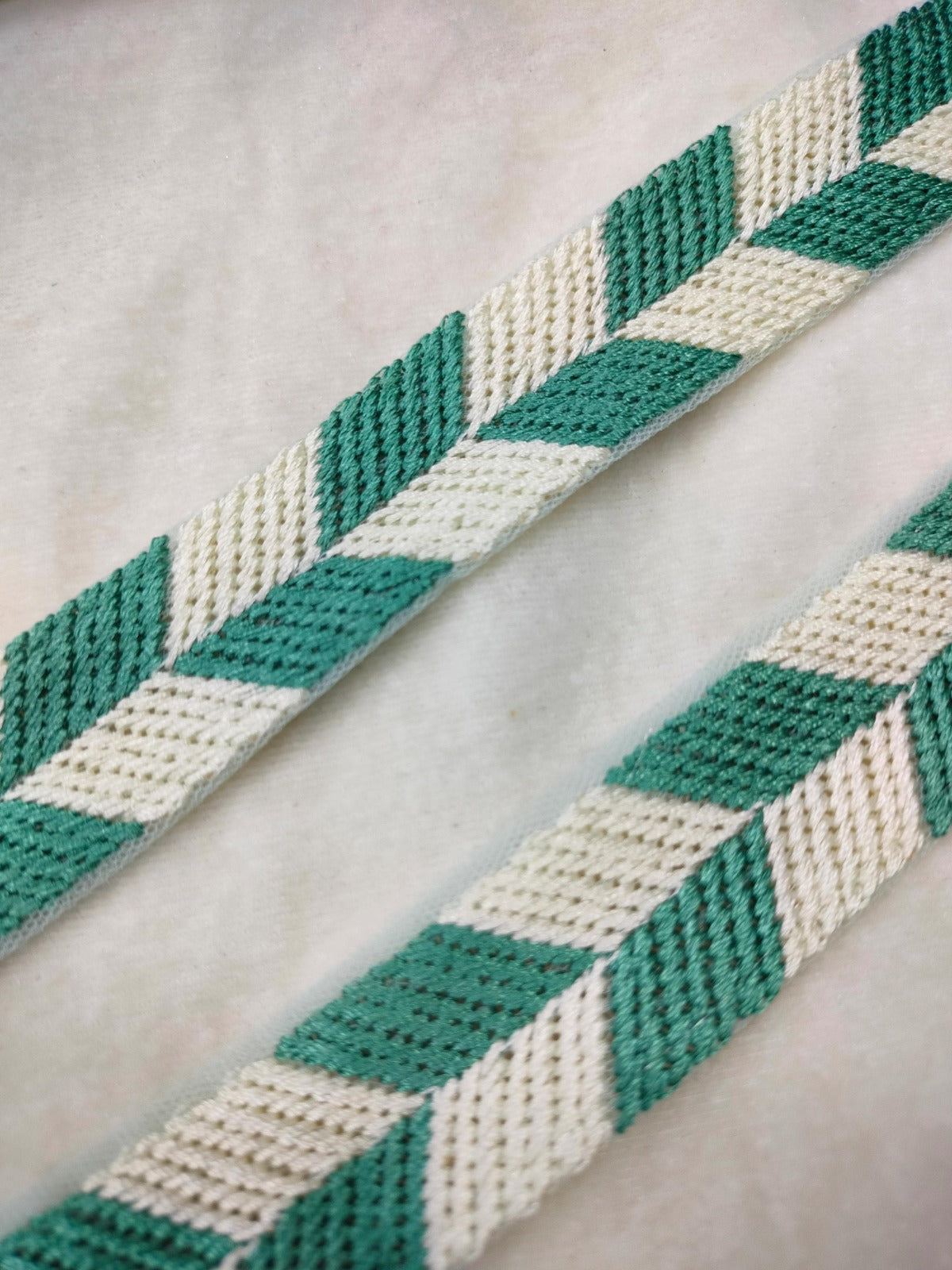 Green & White Embellished Threadwork Trim