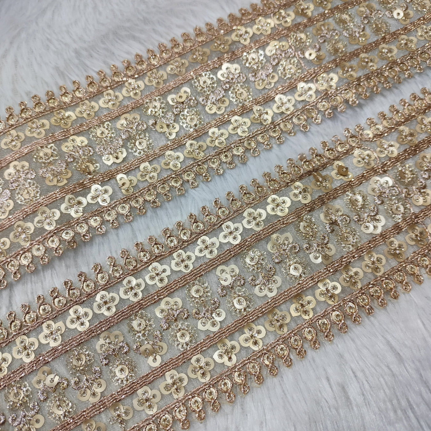 Rose Gold Fancy Flower Design Sequins Work Trim