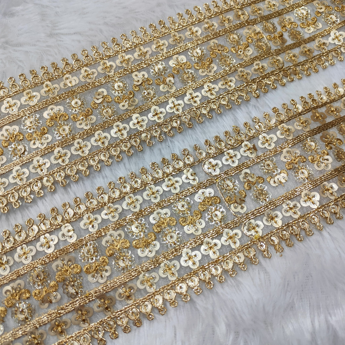 Golden Fancy Flower Design Sequins Work Trim