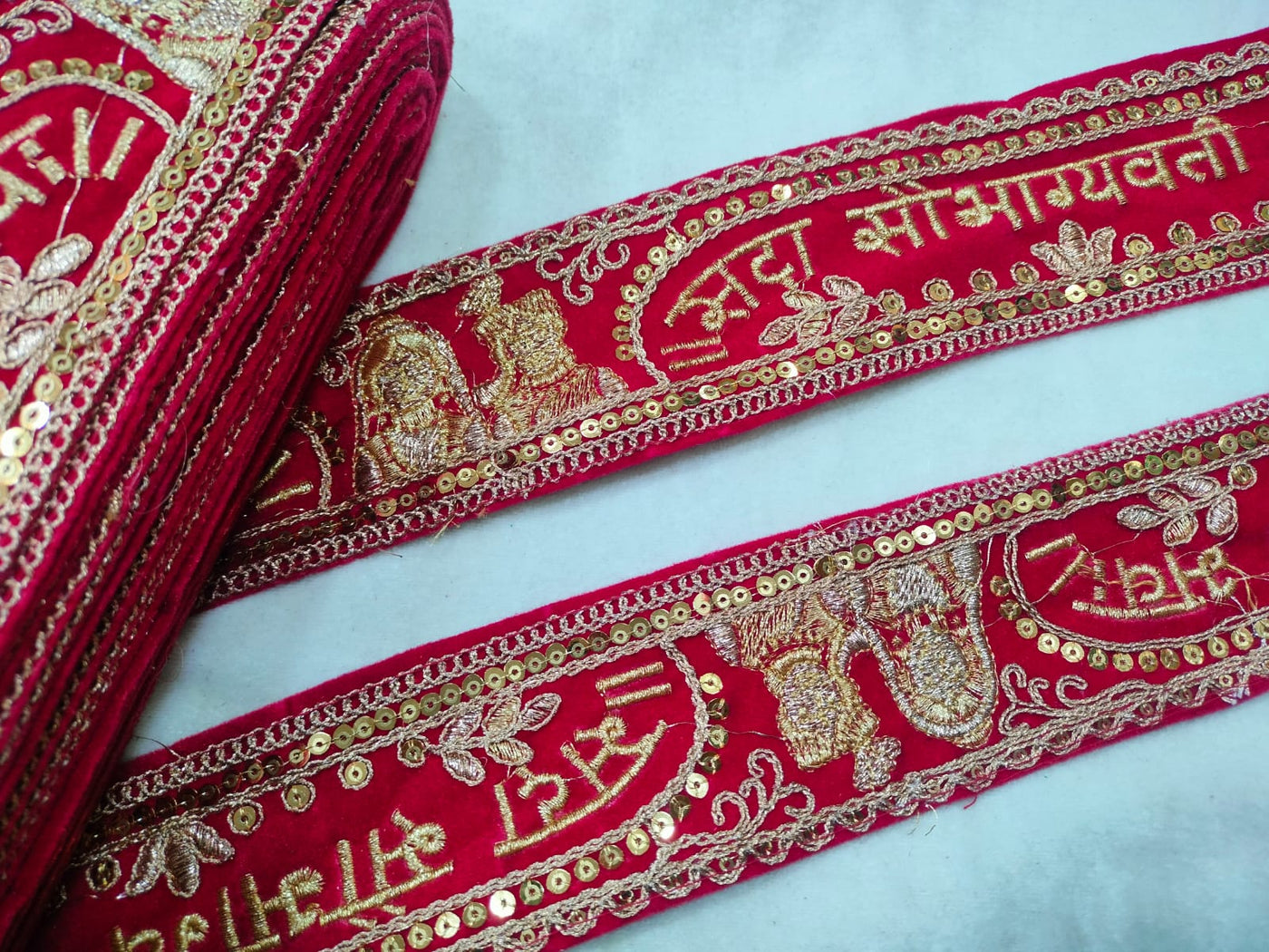 Red & Golden Zari & Sequins Embroidered Border