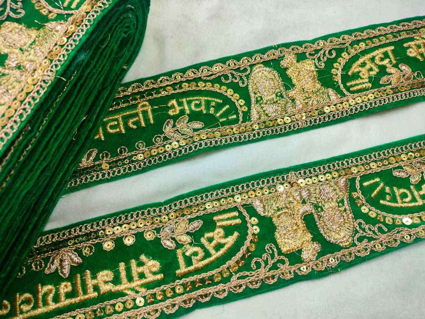 Green & Golden Zari & Sequins Embroidered Border