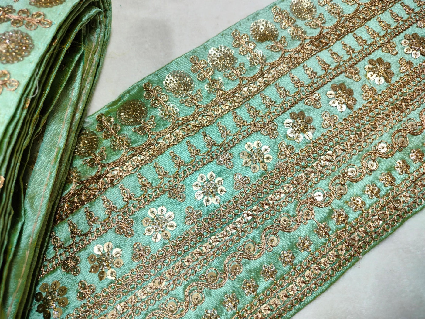 Mint Green & Golden Embellished Trim