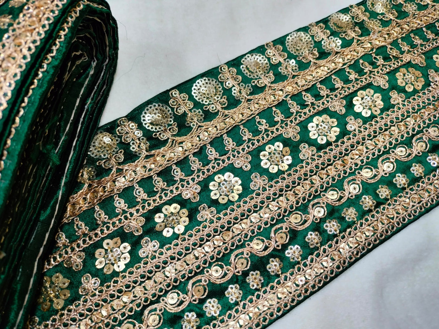 Dark Green & Golden Embellished Trim