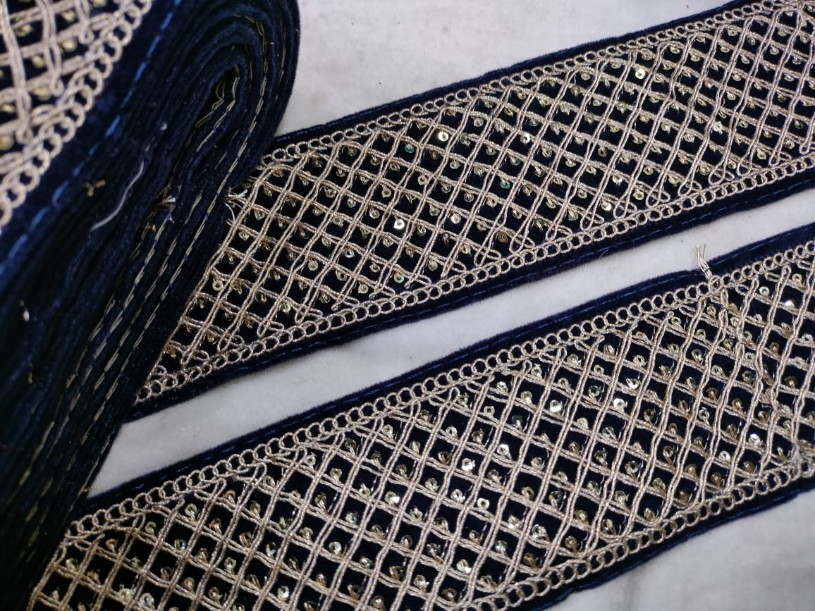 Navy Blue & Golden Embellished Zari Lace