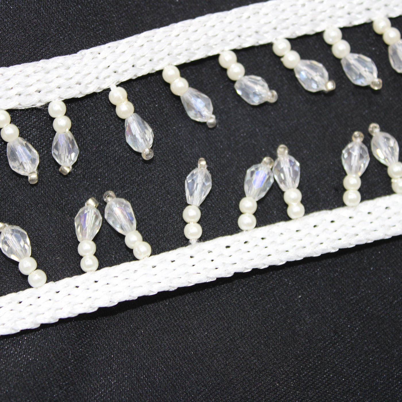 White Transparent Crystal Beads Work Embroidered Border (Wholesale)
