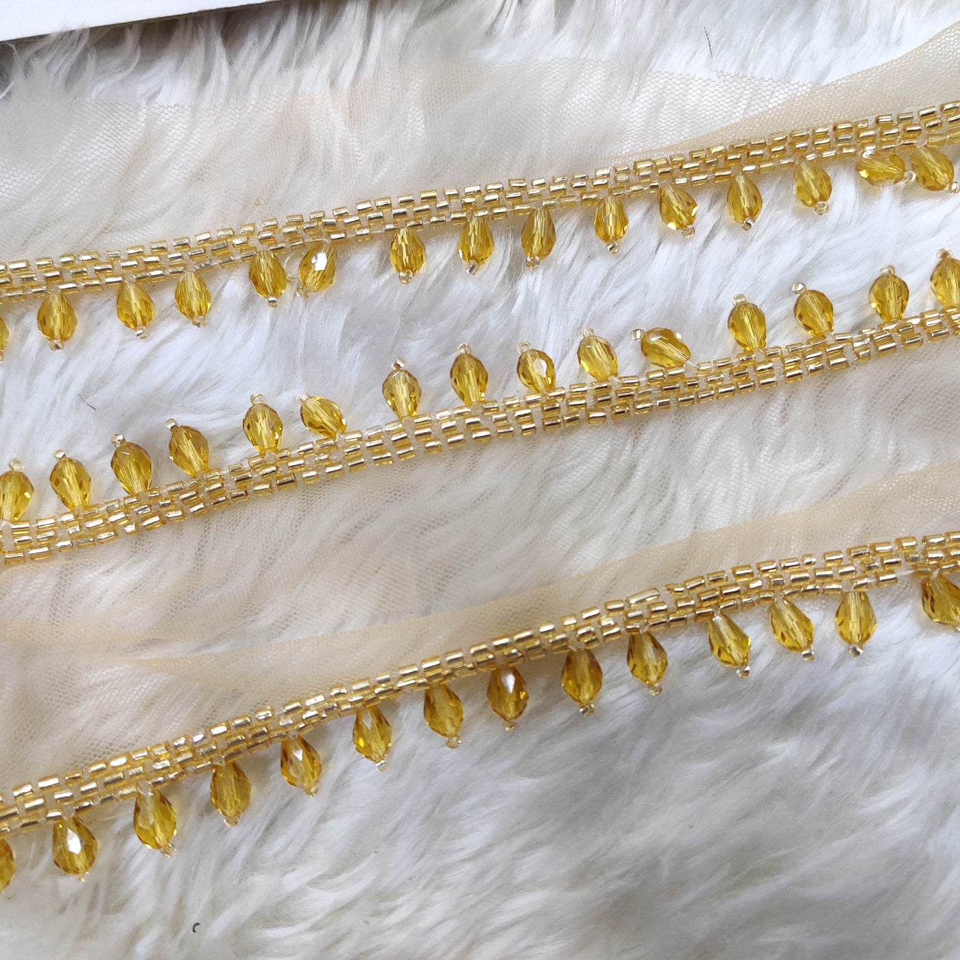 Light Golden Crystal Beads Handwork Fringe Lace (Wholesale)
