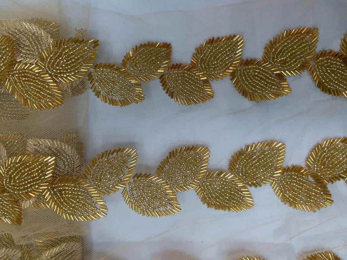 Golden Leaves Design Embellished Handwork Trim (Wholesale)