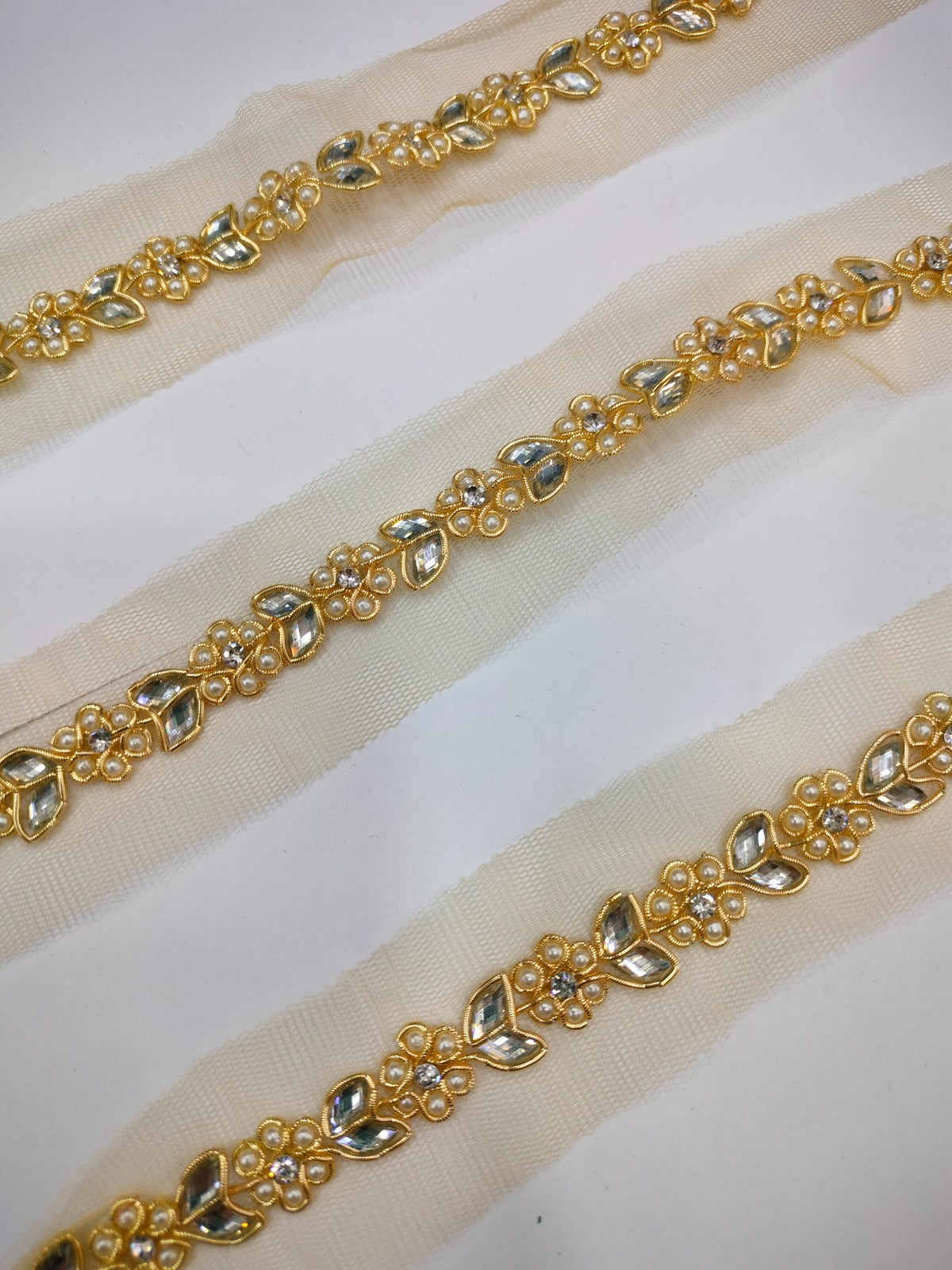 Golden Floral Embellished Handwork Trim