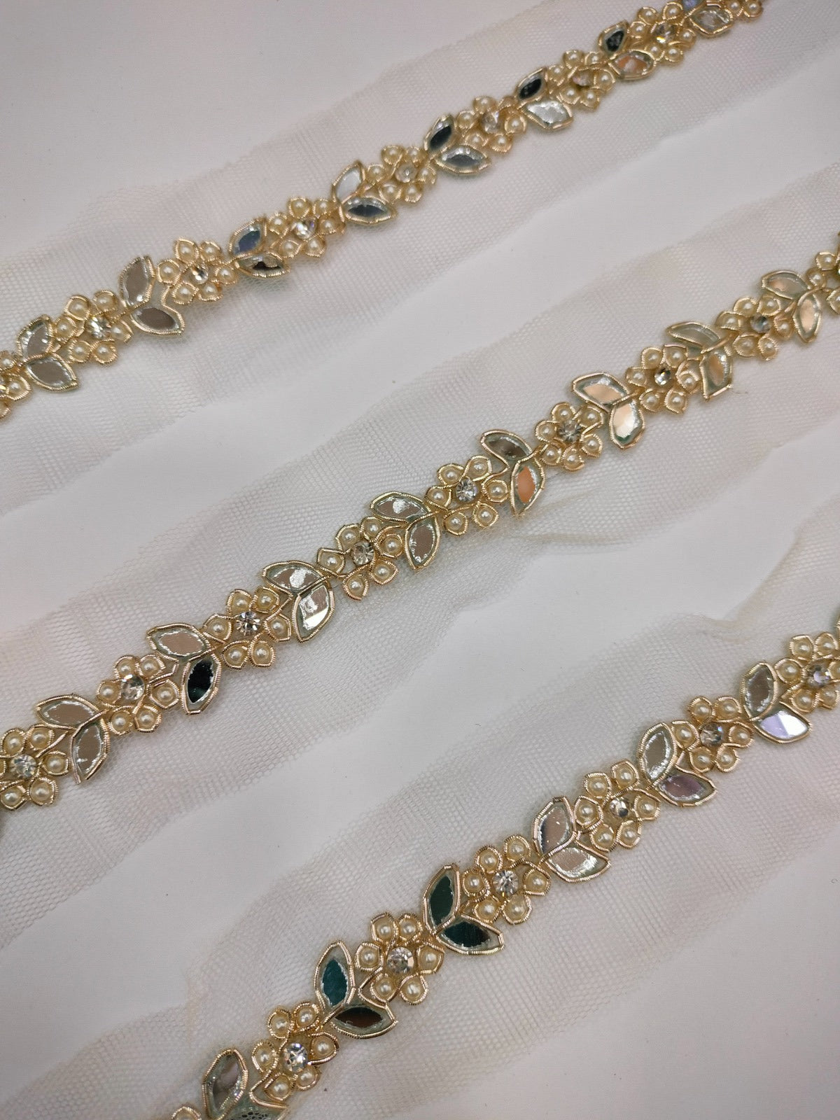 Light Gold Floral Embellished Handwork Trim