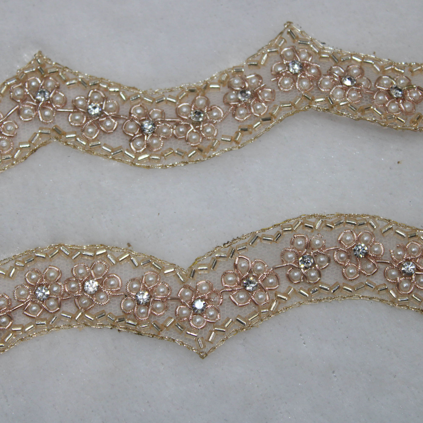 Rose Gold Pearl Work Embellished Handwork Trim (Wholesale)