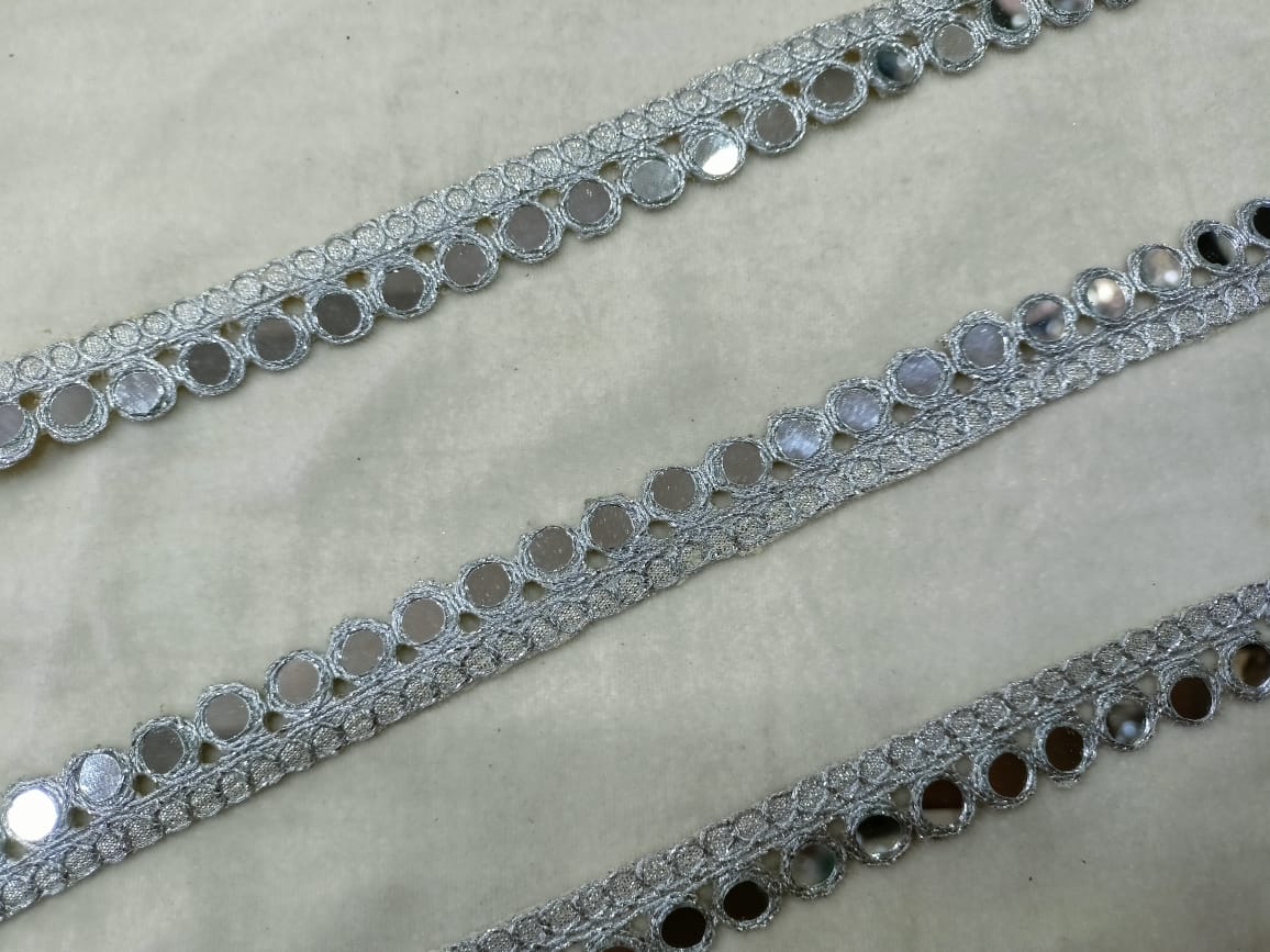 Silver Embellished Mirror Work Lace