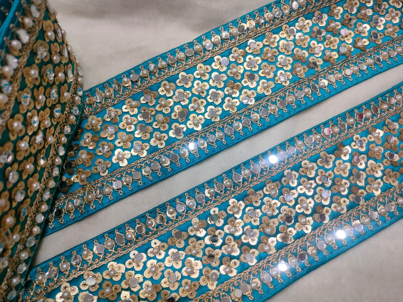 Blue Mirror & Pearl Embellished Trim