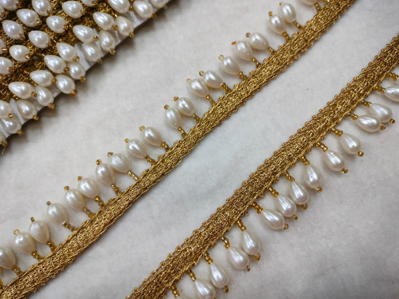 White & Dull Golden Fancy Pearl Latkan Lace