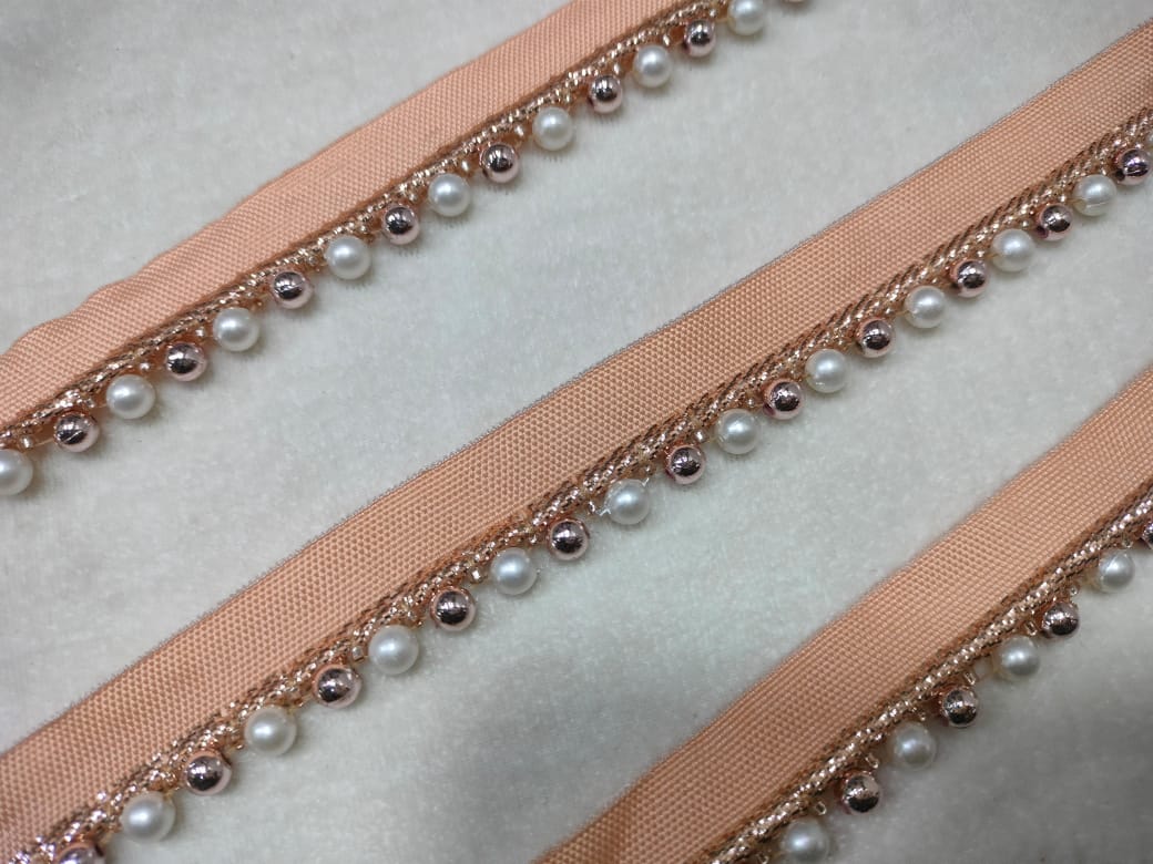 Pink & White Pearl & Bead Embroidered Border