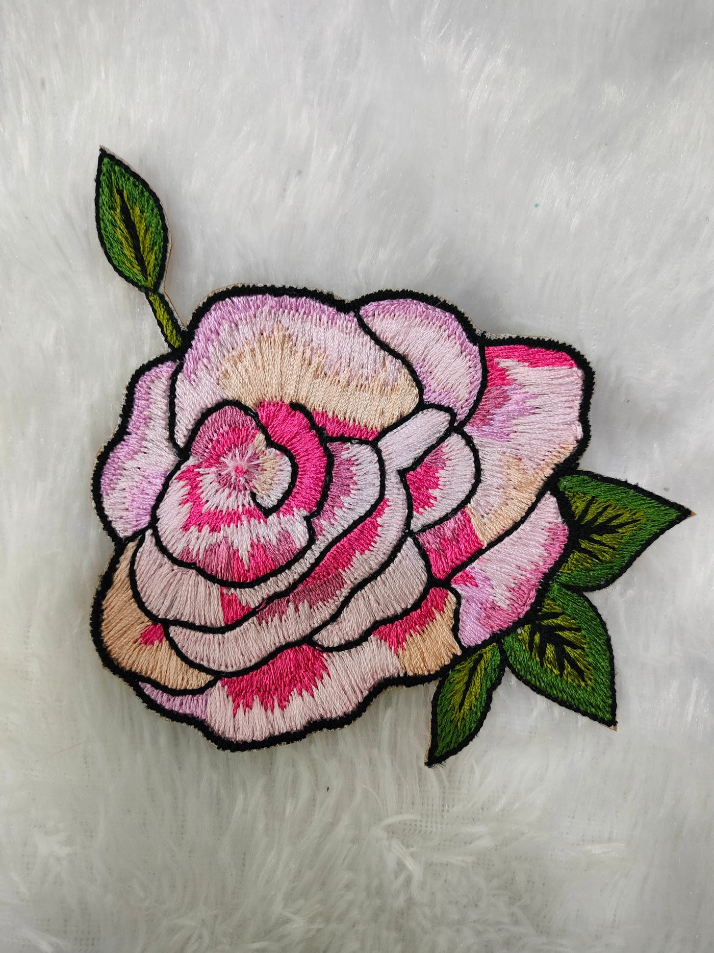 Delicate Pink Rose Embroidery Patch with Shaded Thread Details (Wholesale)