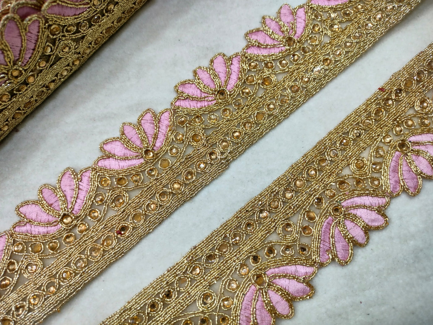 Golden & Light Pink Zari & Thread Embroidered Border