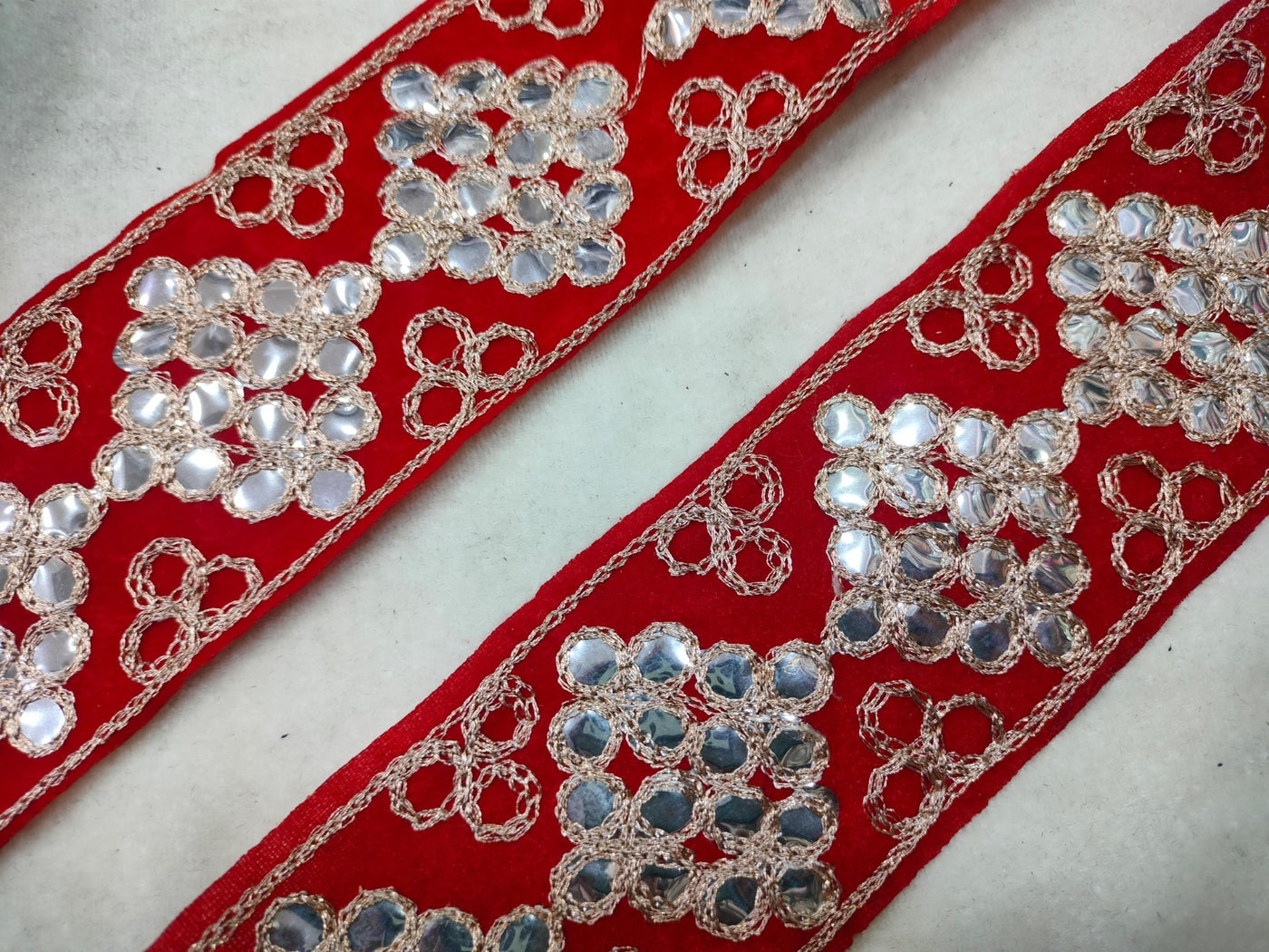 Red & Golden Zari & Thread Embroidered Border