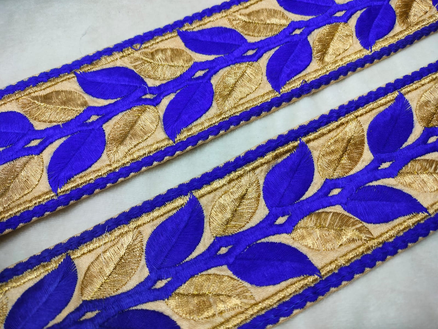 Indigo Blue & Golden Thread Embroidered Border