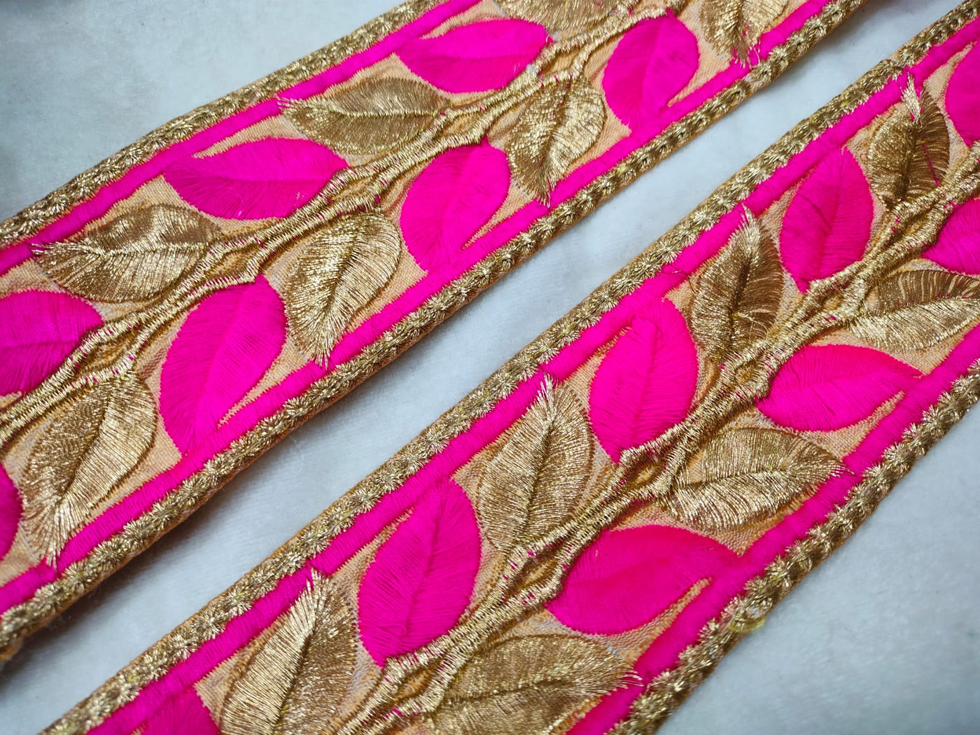 Hot Pink & Golden Thread Embroidered Border