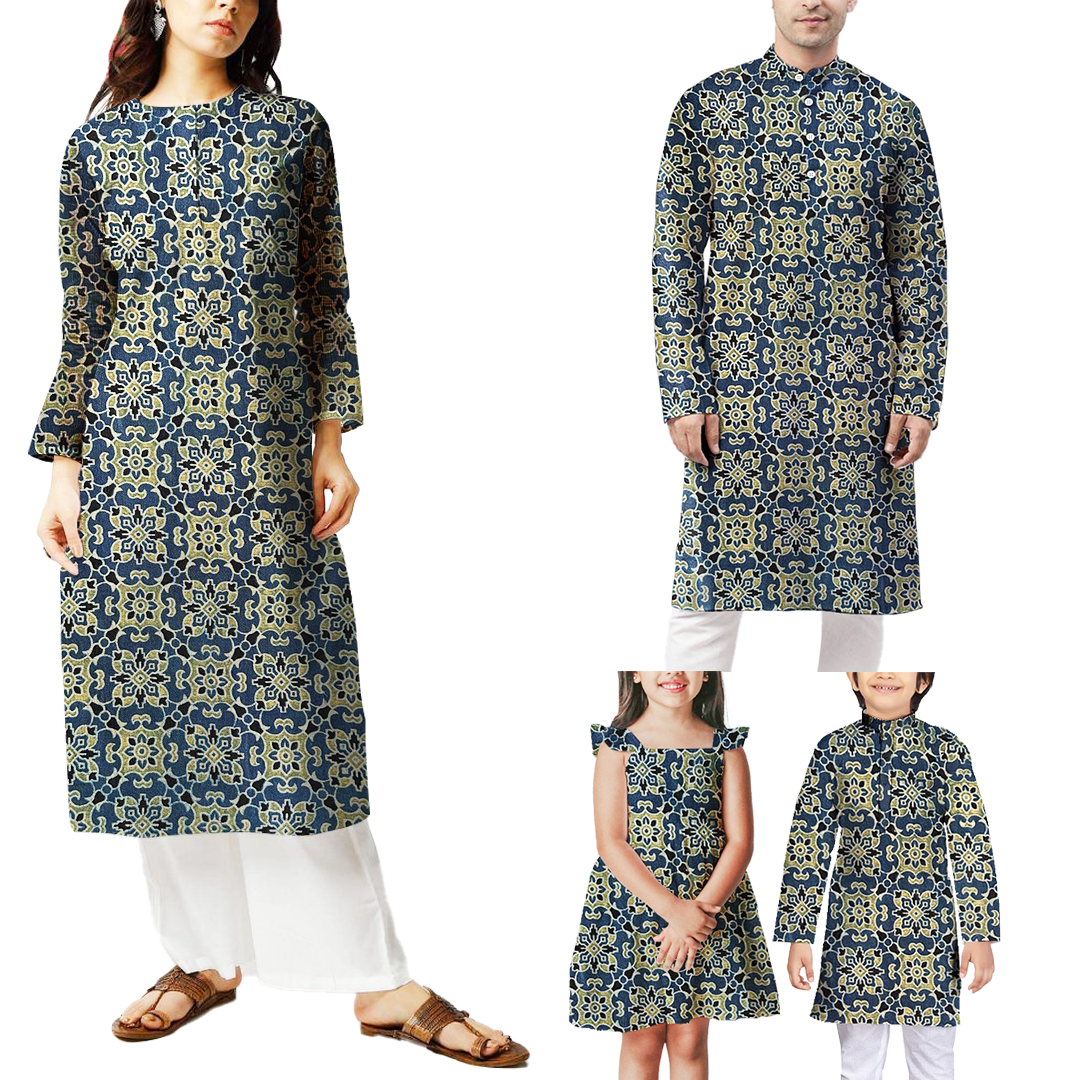 Navy Blue & Light Green Floral Printed Ajrakh Printed Mashru Silk Fabric