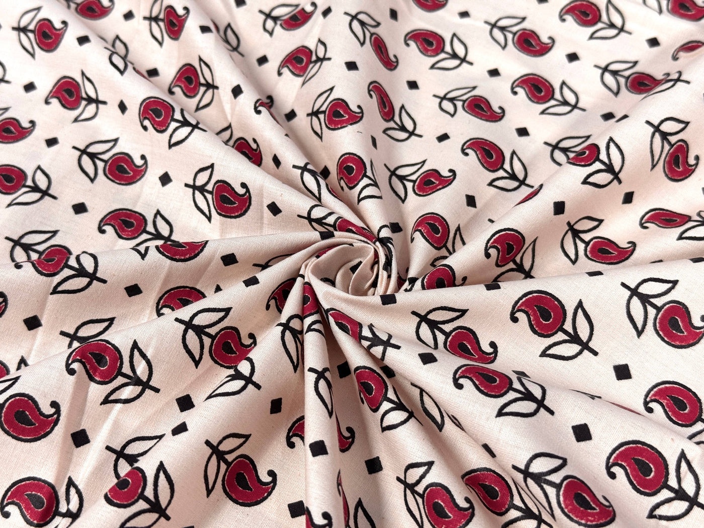 Red Floral Printed Light Peach Cotton Fabric