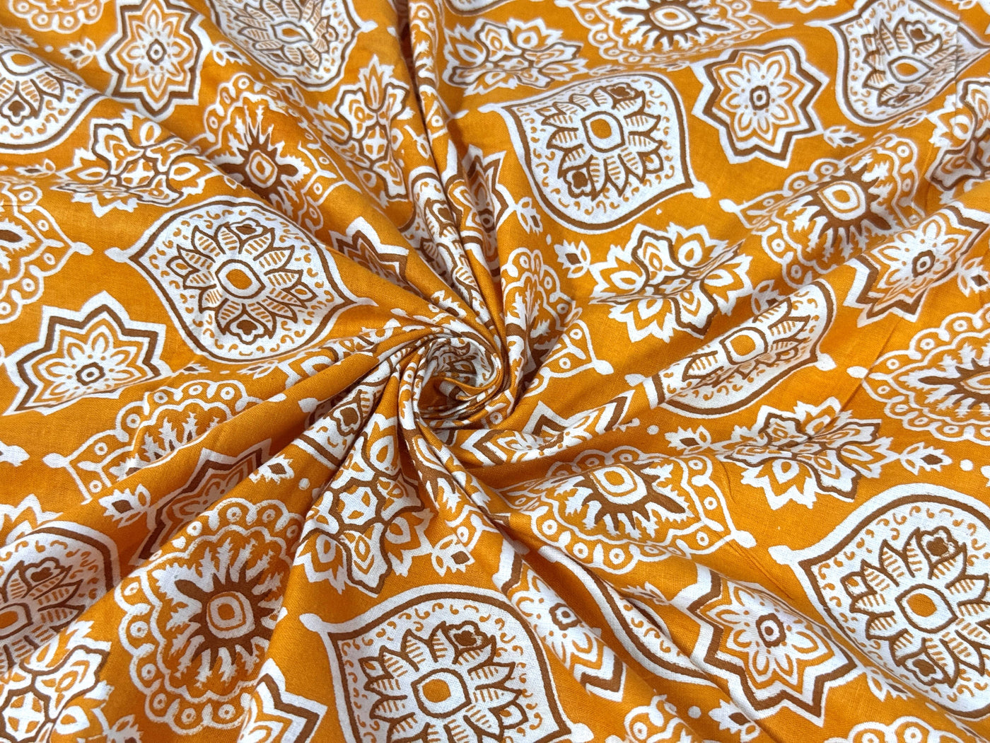 Orange Yellow Ajrakh Printed Cotton Fabric