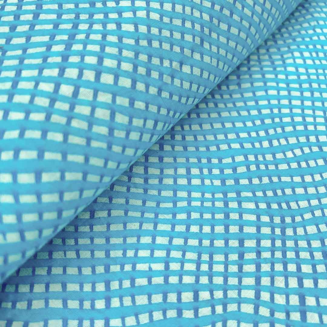 Sky Blue Checks Printed Cotton Fabric