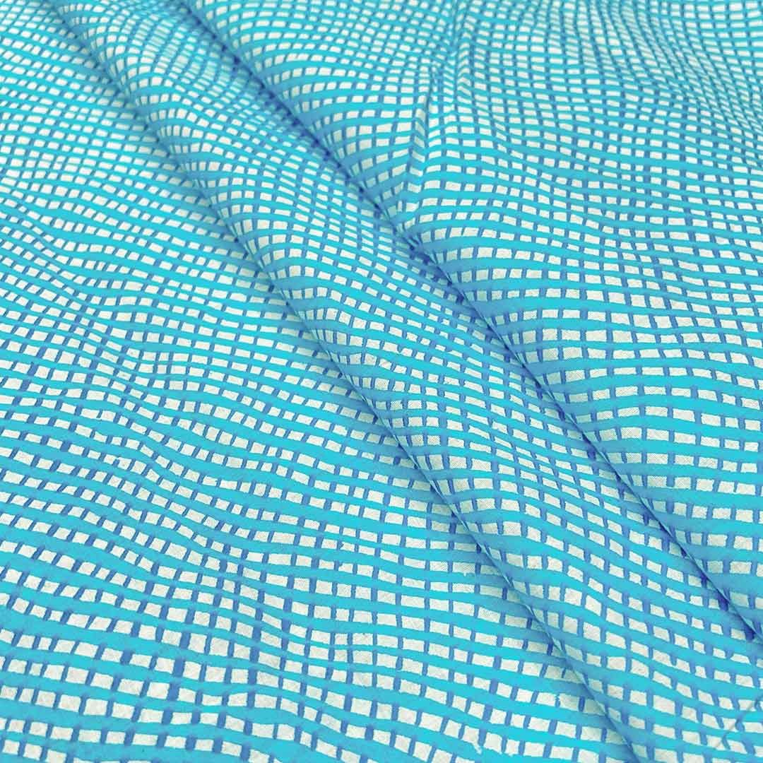 Sky Blue Checks Printed Cotton Fabric