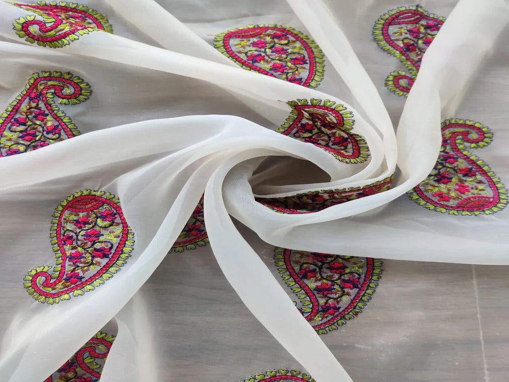 Multicolour Paisley Kashmiri Motifs Embroidered Organza Fabric (Wholesale)