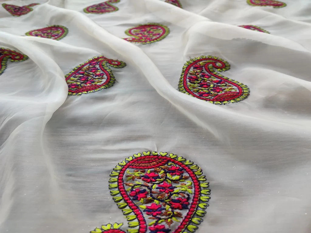 Multicolour Paisley Kashmiri Motifs Embroidered Organza Fabric (Wholesale)