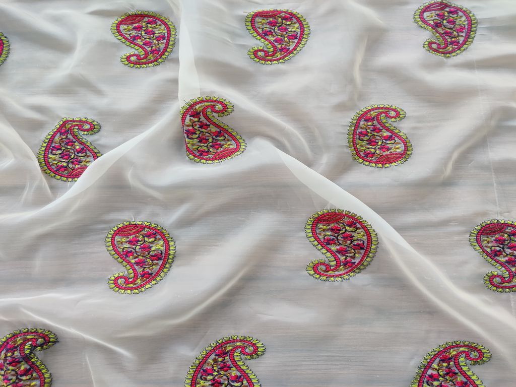Multicolour Paisley Kashmiri Motifs Embroidered Organza Fabric (Wholesale)