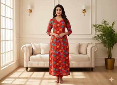 Orange Floral Digitally Printed Butter Crepe Fabric