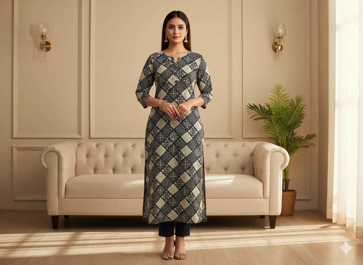 Dark Navy Blue Diamond Digitally Printed Butter Crepe Fabric