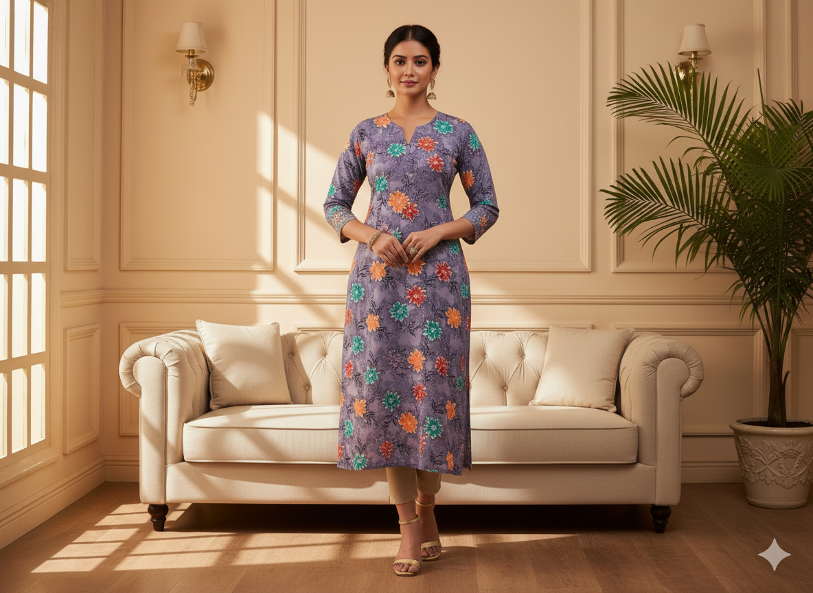 Purple Floral Digitally Printed Butter Crepe Fabric