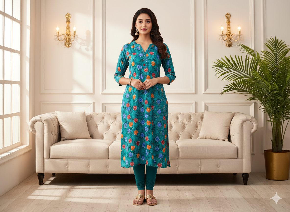 Teal Blue Floral Digitally Printed Butter Crepe Fabric