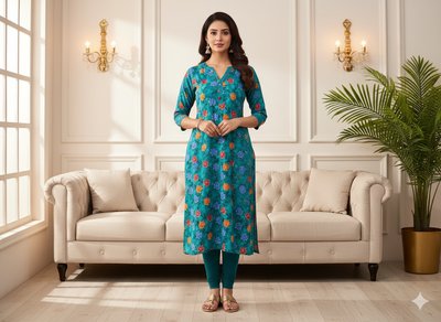 Teal Blue Floral Digitally Printed Butter Crepe Fabric
