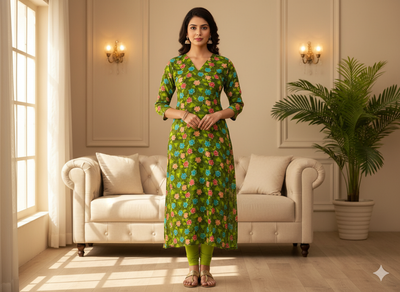 Grass Green Floral Digitally Printed Butter Crepe Fabric