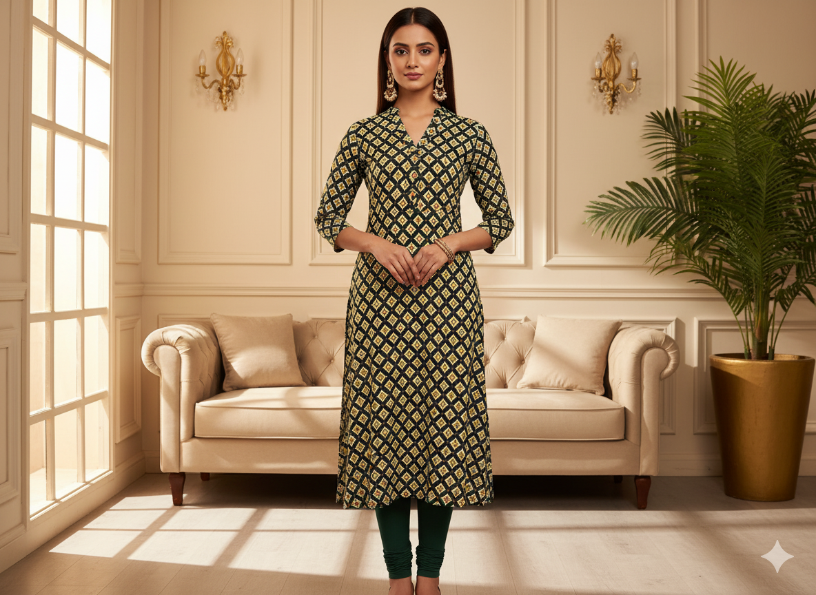 Dark Green Diamond Digitally Printed Butter Crepe Fabric