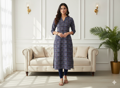 Blue Square Block Dgitally Printed Butter Crepe Fabric