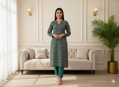 Green Square Block Dgitally Printed Butter Crepe Fabric