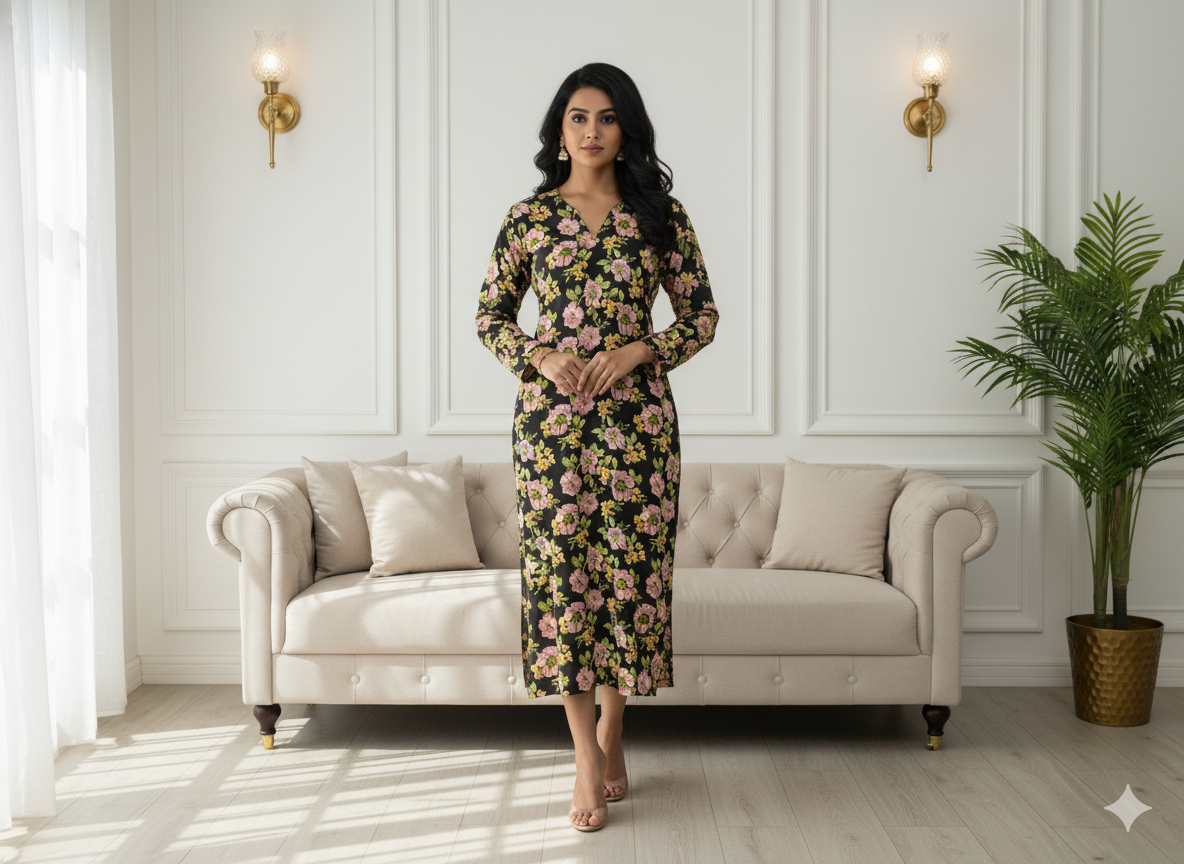 Black Floral Digitally Printed Butter Crepe Fabric