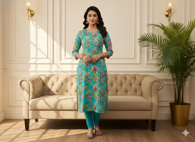 Sky Blue Floral Digitally Printed Butter Crepe Fabric