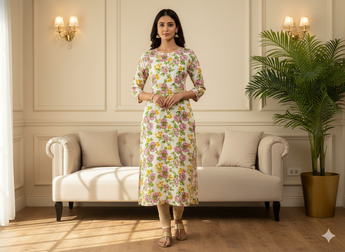 Off White Floral Digitally Printed Butter Crepe Fabric
