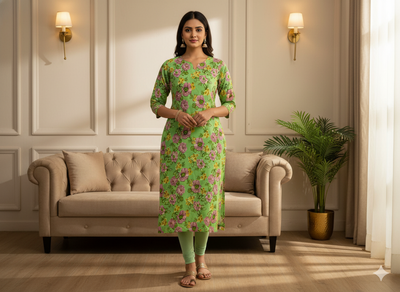 Light Green Floral Digitally Printed Butter Crepe Fabric