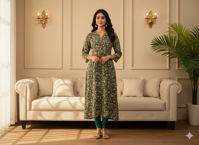 Deep Green Floral Digitally Printed Butter Crepe Fabric
